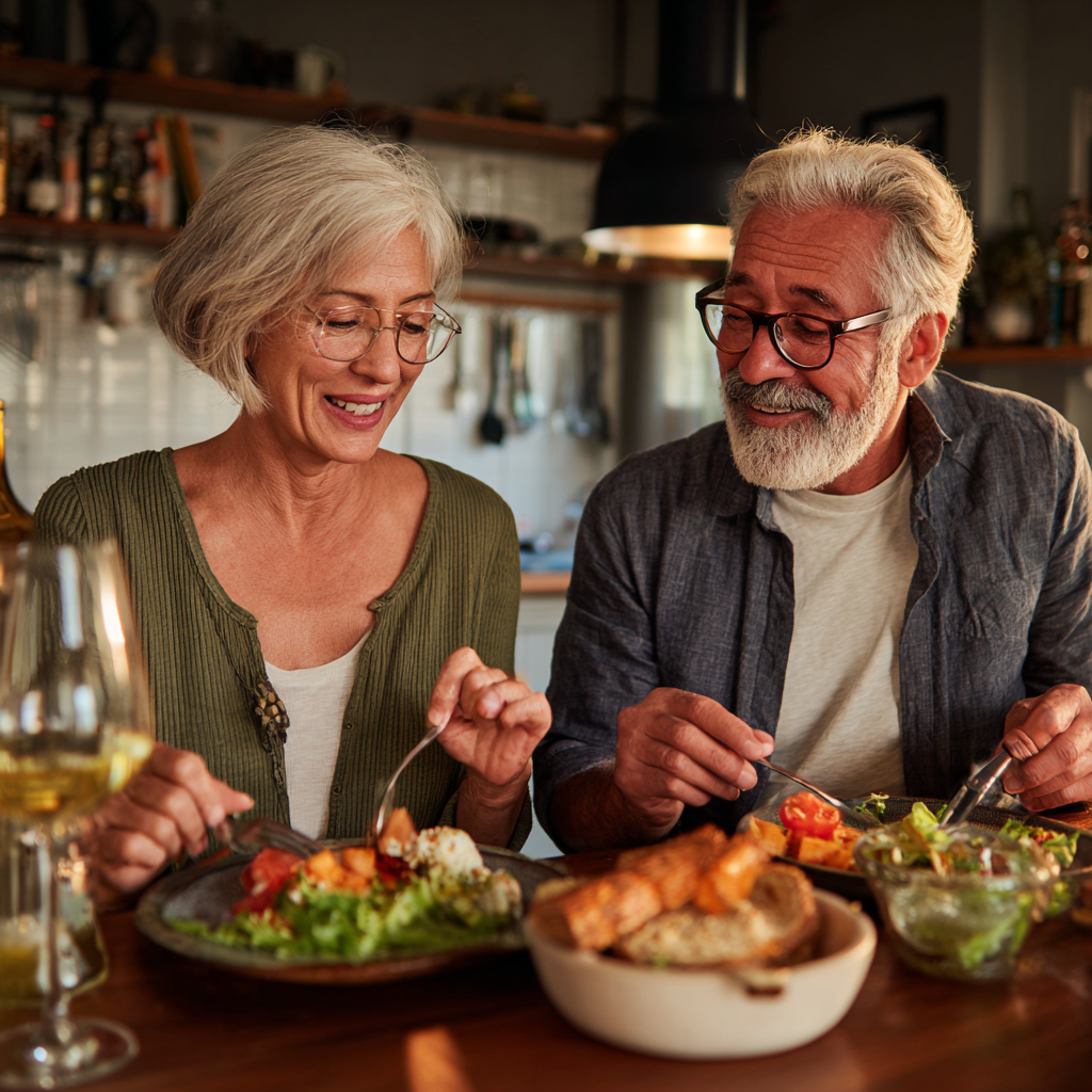 Mature couple enjoying healthy prepared meal together in kitchen