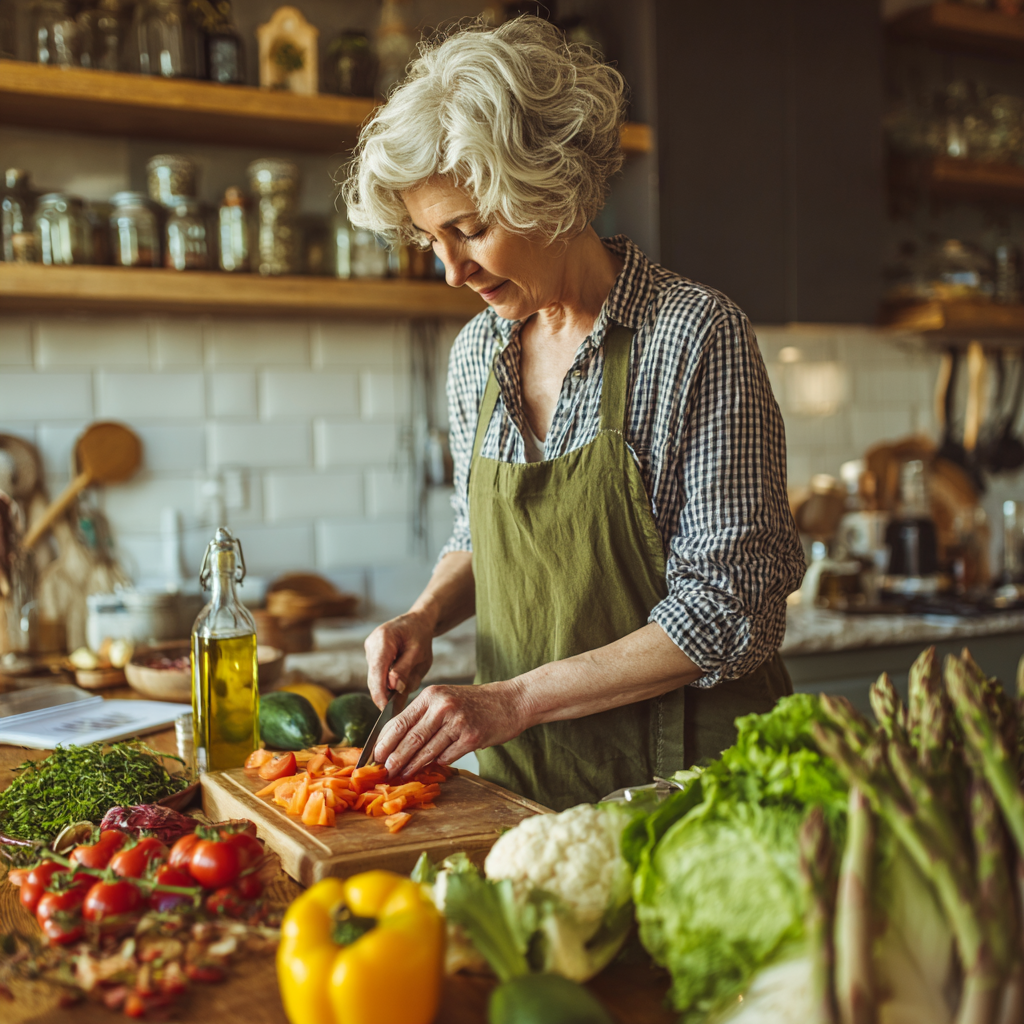 Mature woman preparing healthy meal with fresh vegetables and planning nutrition