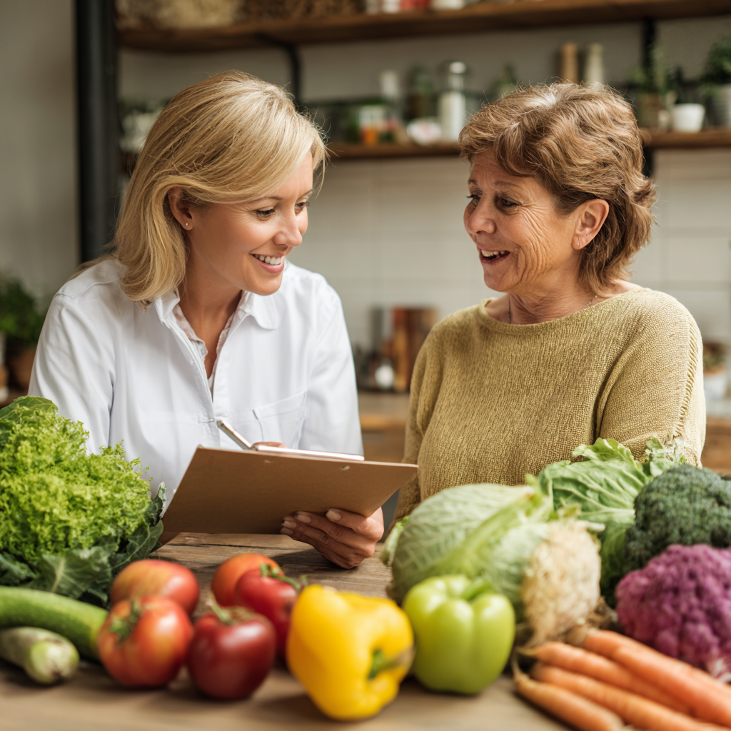 Senior nutritionist consulting with middle-aged client about healthy eating habits